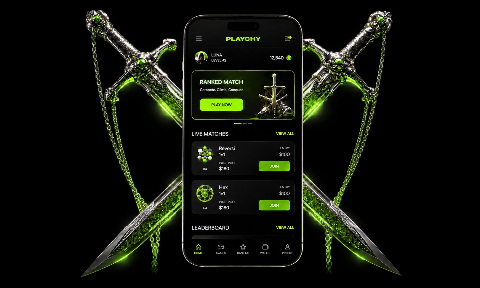 Bazichy mobile app interface on a phone framed by crossed swords