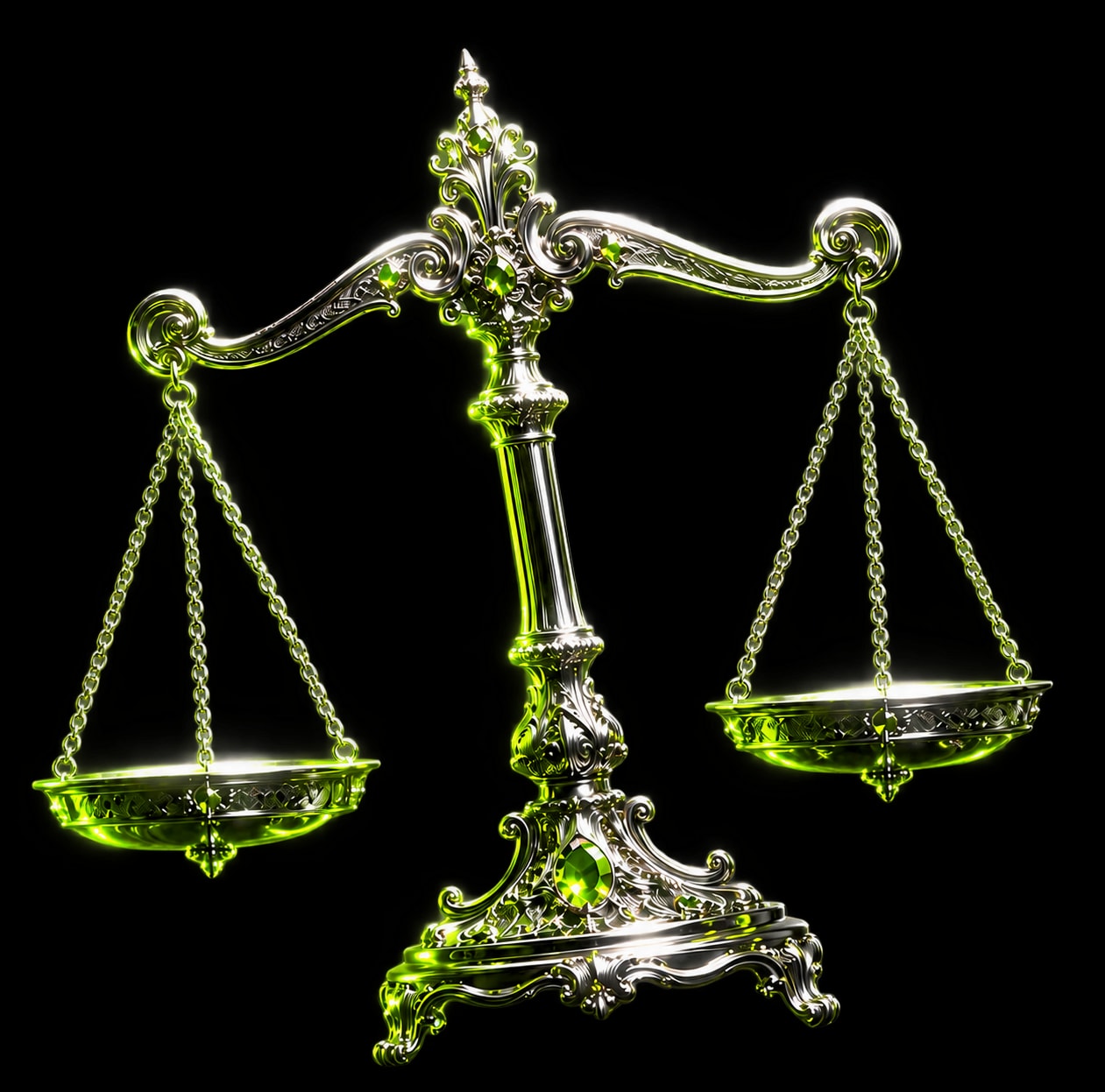 Ornate silver balance scale with lime green gemstones